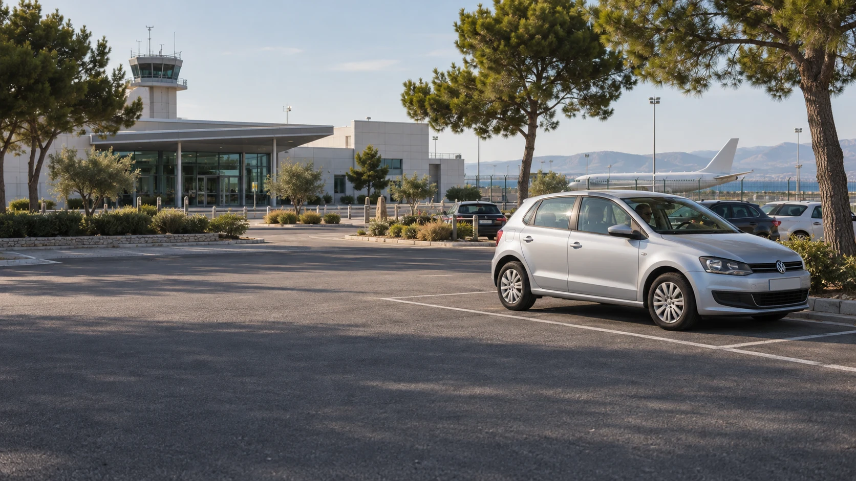 A silver hatchback in an airport car park with the control tower behind