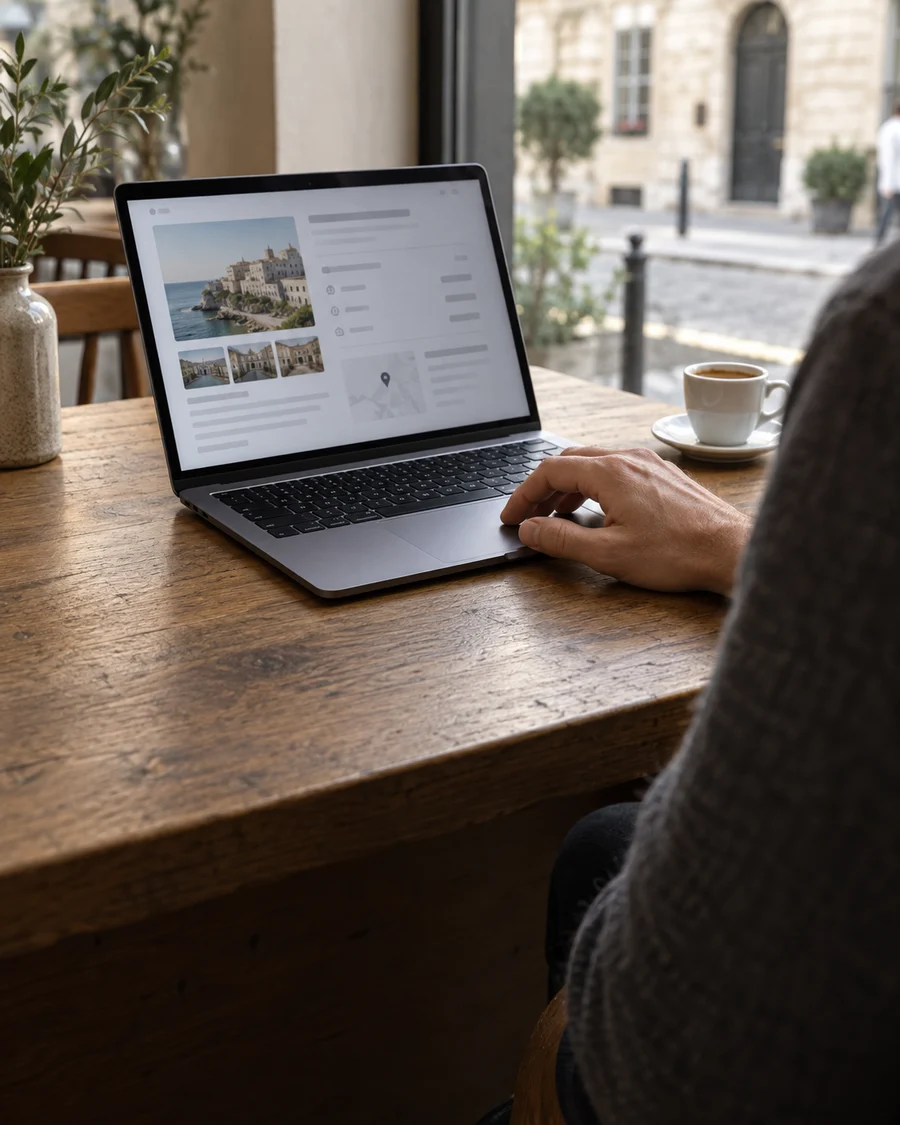 A laptop on a cafe table showing a car booking page