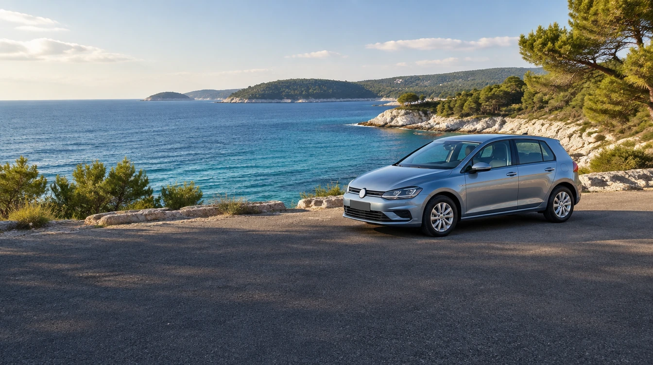 A grey hatchback parked above a rocky Adriatic shore
